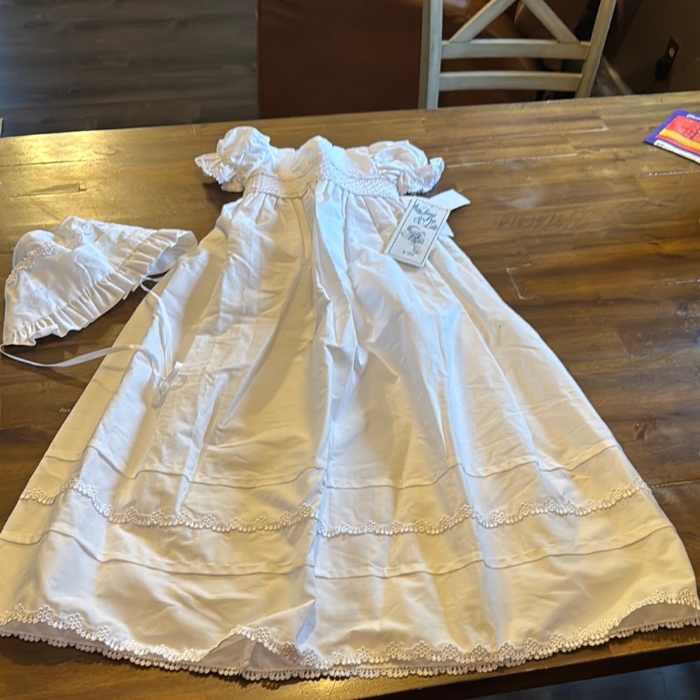 White Lace Trim Dress with Bonnet